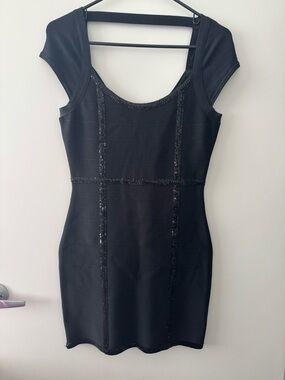 Herve Leger Black Sequin-Trim Cap Sleeve Bandage Mini Dress